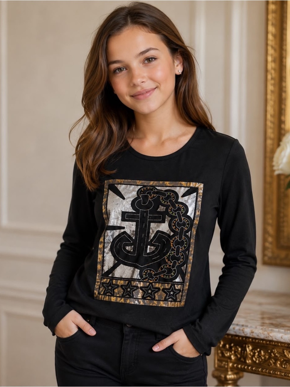 Vintage Y2K Black Long Sleeve Top Lace Back Anchor Graphic Rhinestone XS
